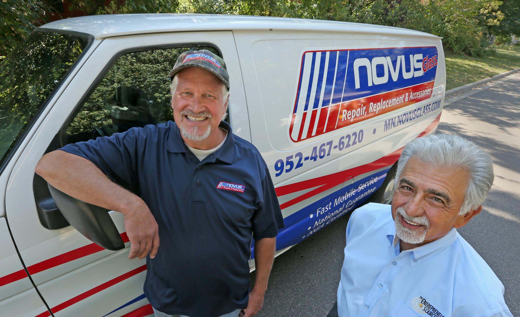 (left to right) Jamie Schlender, Novus Glass franchise owner, and Mike Accurso, of the Entrepreneur's Source were photographed in Edina on 9/26/13. The slow recovery has some older workers buying franchises as part of their plans for a "working retirement," according to consultant Mike Accurso. Options range from lifestyle business, to full-time work or semi-absentee ownership, from one-person health care or repair types of service businesses to ones that require half a dozen or more employees.]