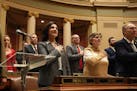 New House Minority Leader Rep. Lisa Demuth, R-Cold Spring, stands for the Pledge of Allegiance on first day of session.