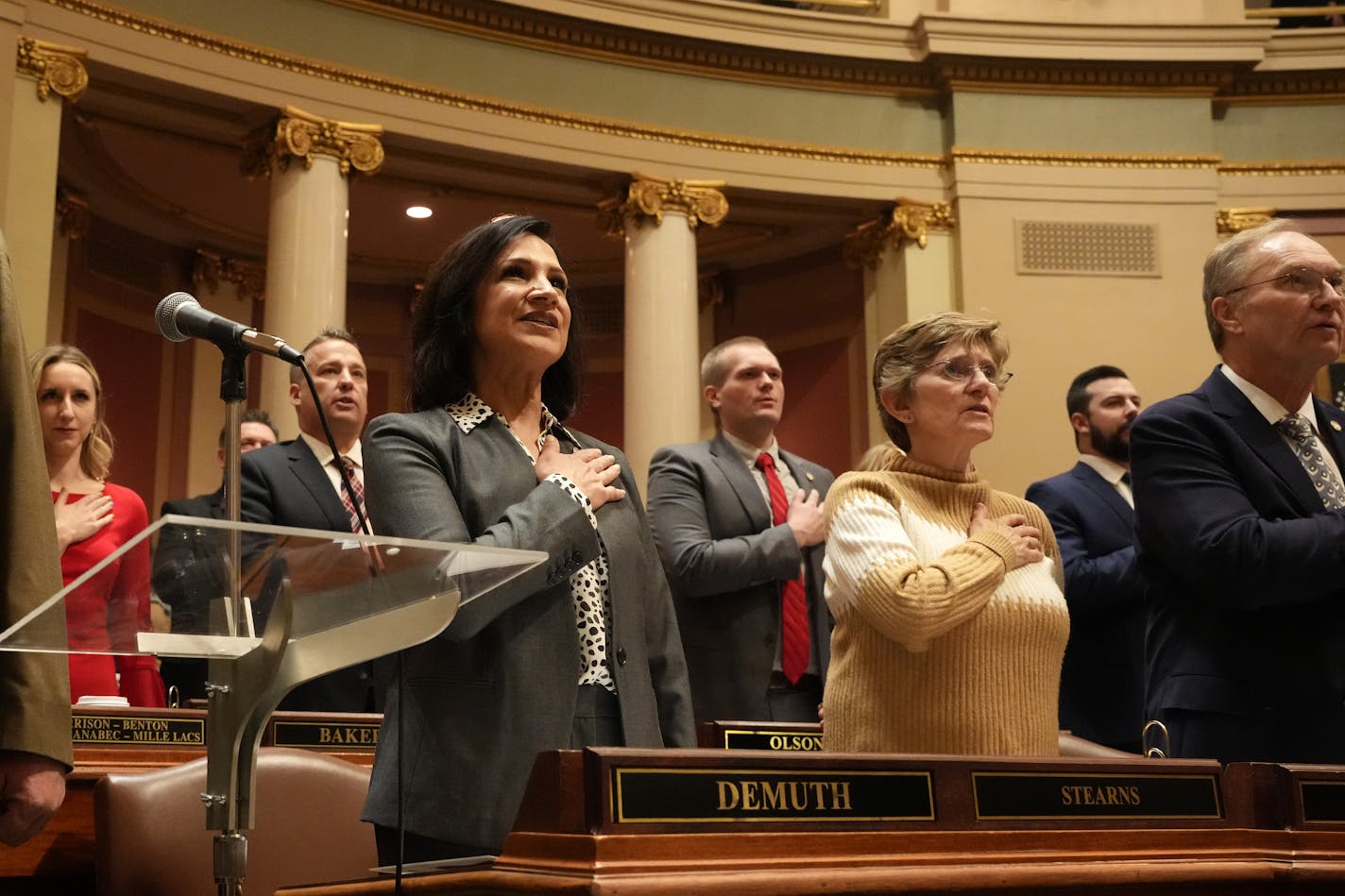 New House Minority Leader Rep. Lisa Demuth, R-Cold Spring, stands for the Pledge of Allegiance on first day of session.