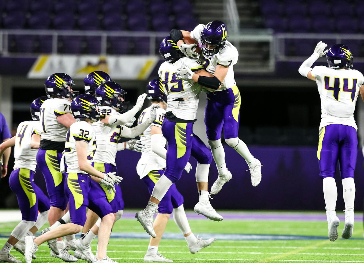 The Chaska Hawks celebrate after defeating the St. Thomas Academy Cadets 10-7. ] David Berding &#x2022; Special to the Star Tribune Chaska played St. Thomas Academy in the Class 5A State Tournament Championship game on Saturday, November 30, 2019 at US Bank Stadium in Minneapolis, Minnesota.