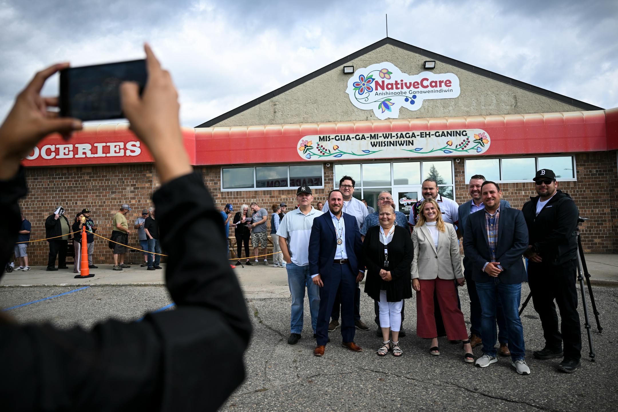 Members of the Red Lake Nation Tribal Council took photos with representatives from the Prairie Island Indian Community, who came to show support, Tuesday, Aug. 1, 2023 at NativeCare in Red Lake, Minn.