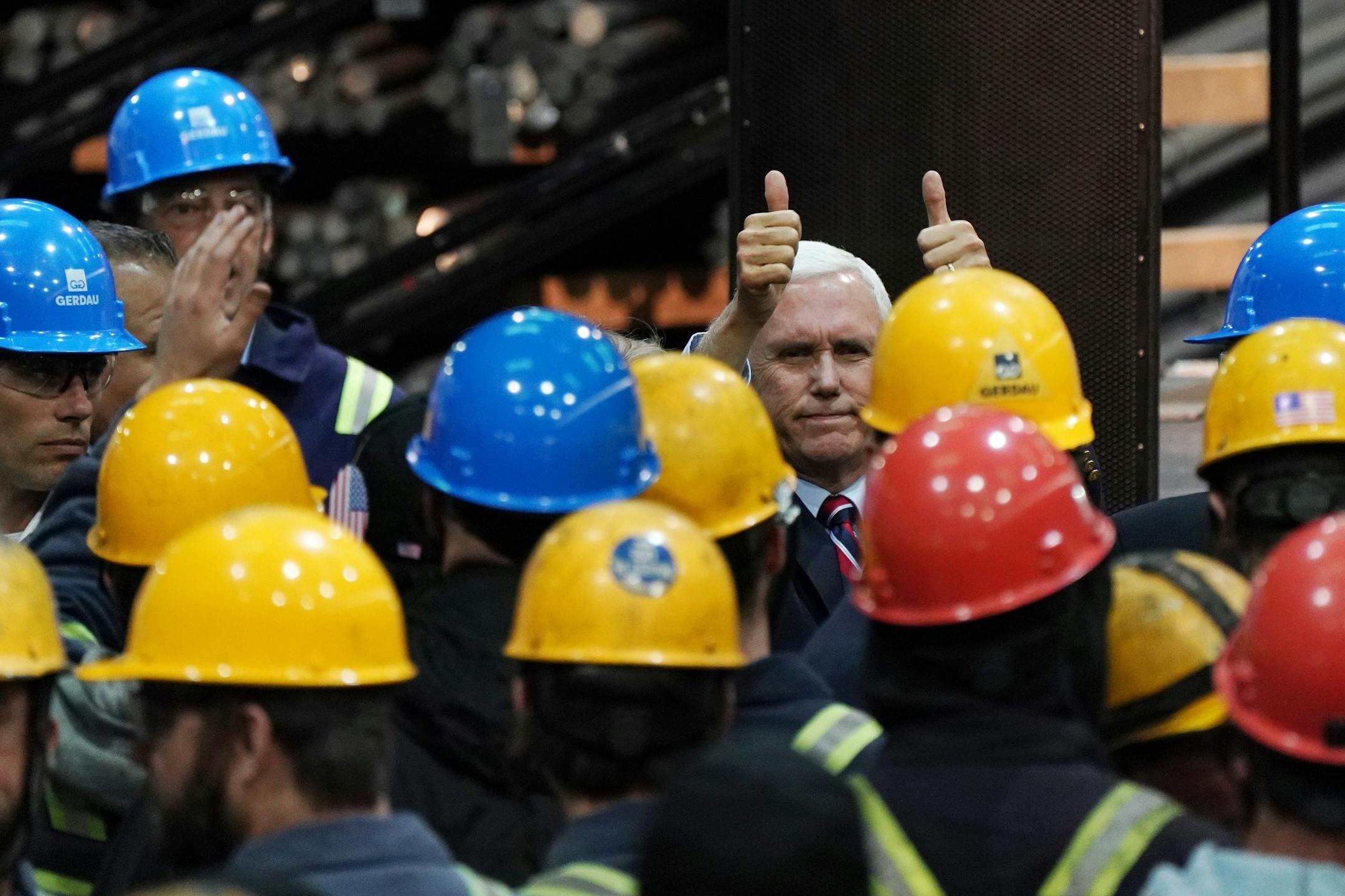 Vice President Mike Pence thanked the crowd after giving a speech urging support for President Donald Trump's proposed replacement for the North American Free Trade Agreement at Gerdau Ameristeel Thursday.