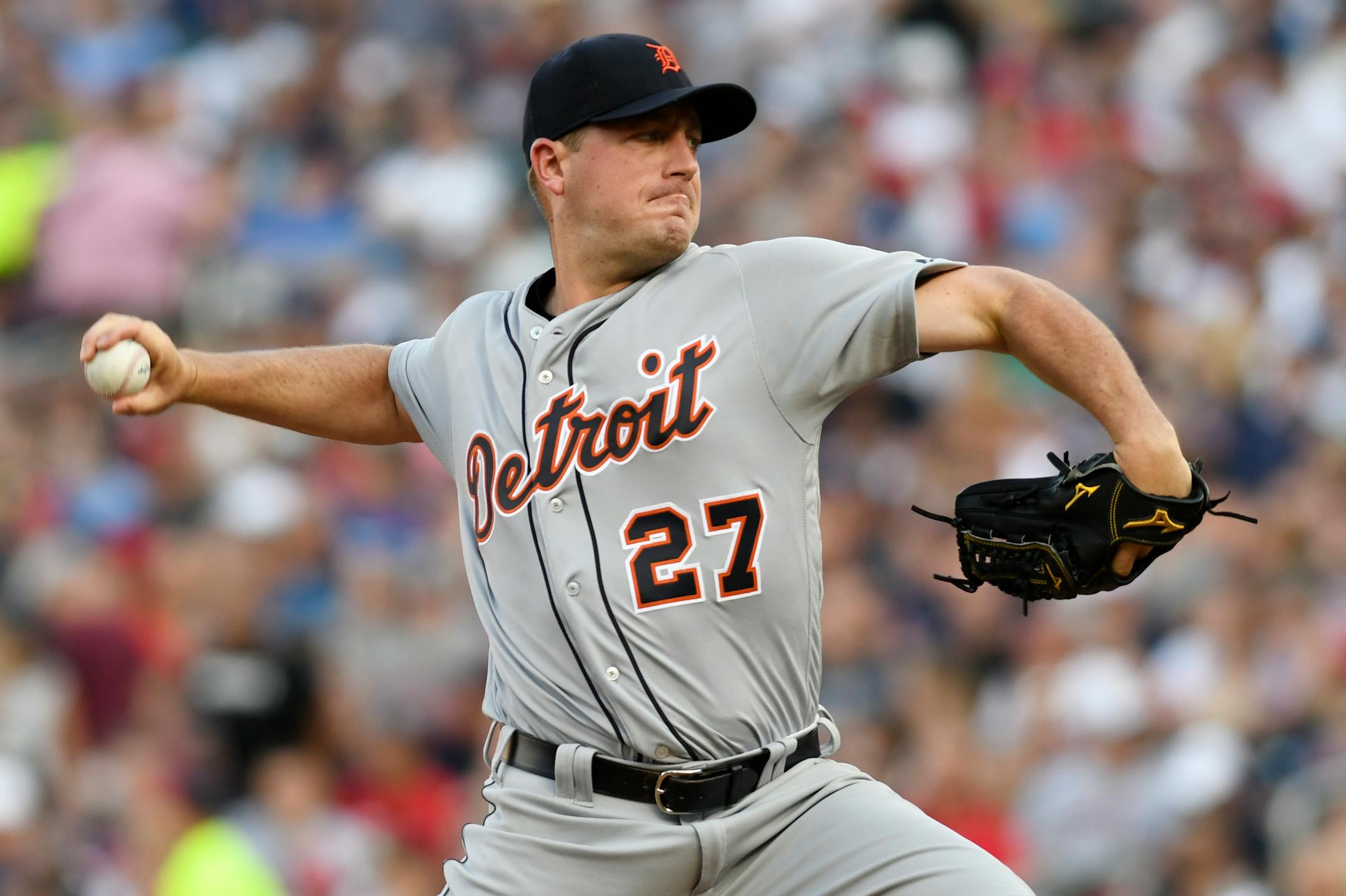 Detroit Tigers pitcher Jordan Zimmermann throws to the Minnesota Twins during the first inning of a baseball game Saturday, July 22, 2017, in Minneapolis. (AP Photo/Tom Olmscheid)