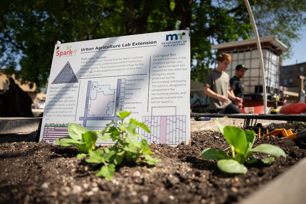 A Spark-Y raised garden bed is under construction outside its 'World Headquarters' in Minneapolis. 