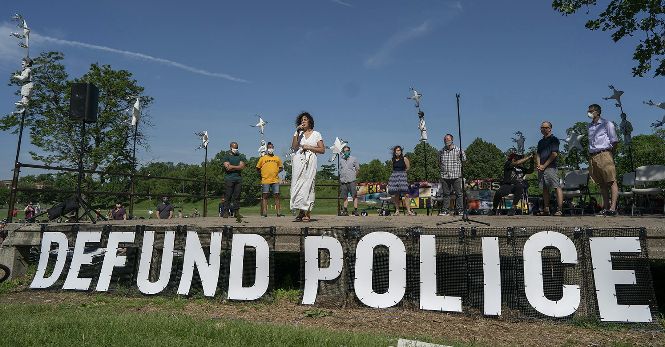 Alondra Cano, City Council 9th ward member, speaks to community members at "The Path Forward" meeting at Powderhorn Park, a meeting between the Minneapolis City Council and community members on Sunday, June 7, 2020 in Minneapolis, Minn. (Jerry Holt/Minneapolis Star Tribune/TNS) ORG XMIT: 1684303