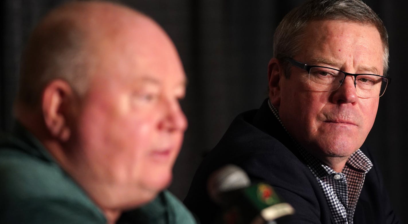 Minnesota Wild head coach Bruce Boudreau and general manager Paul Fenton took questions about the team's season and prospects during a press conference Tuesday. ] ANTHONY SOUFFLE &#x2022; anthony.souffle@startribune.com Minnesota Wild general manager Paul Fenton and head coach Bruce Boudreau gave a press conference as players emptied out the locker room days after the team's season ending loss to the Nashville Predators Tuesday, April 9, 2019 at the Xcel Energy Center in St. Paul, Minn.