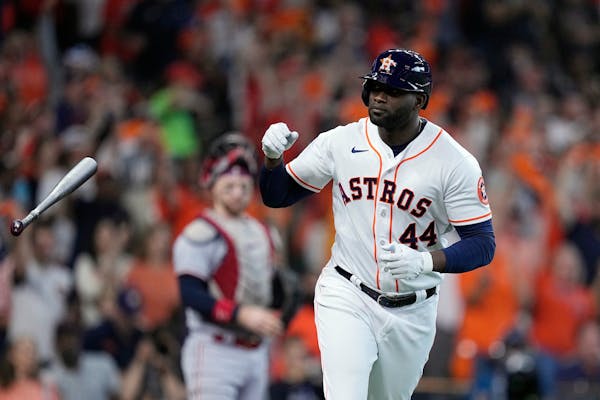 Yordan Alvarez belted a pair of home runs for the Astros in Game 1 against the Twins on Saturday.