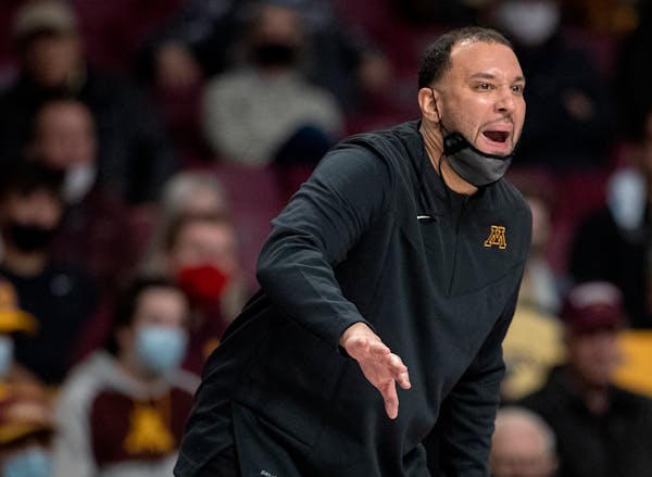 Minnesota head coach Ben Johnson in the first half Tuesday, Nov. 9, 2021 at Williams Arena in Minneapolis, Minn. The Minnesota Gophers hosted the Miss