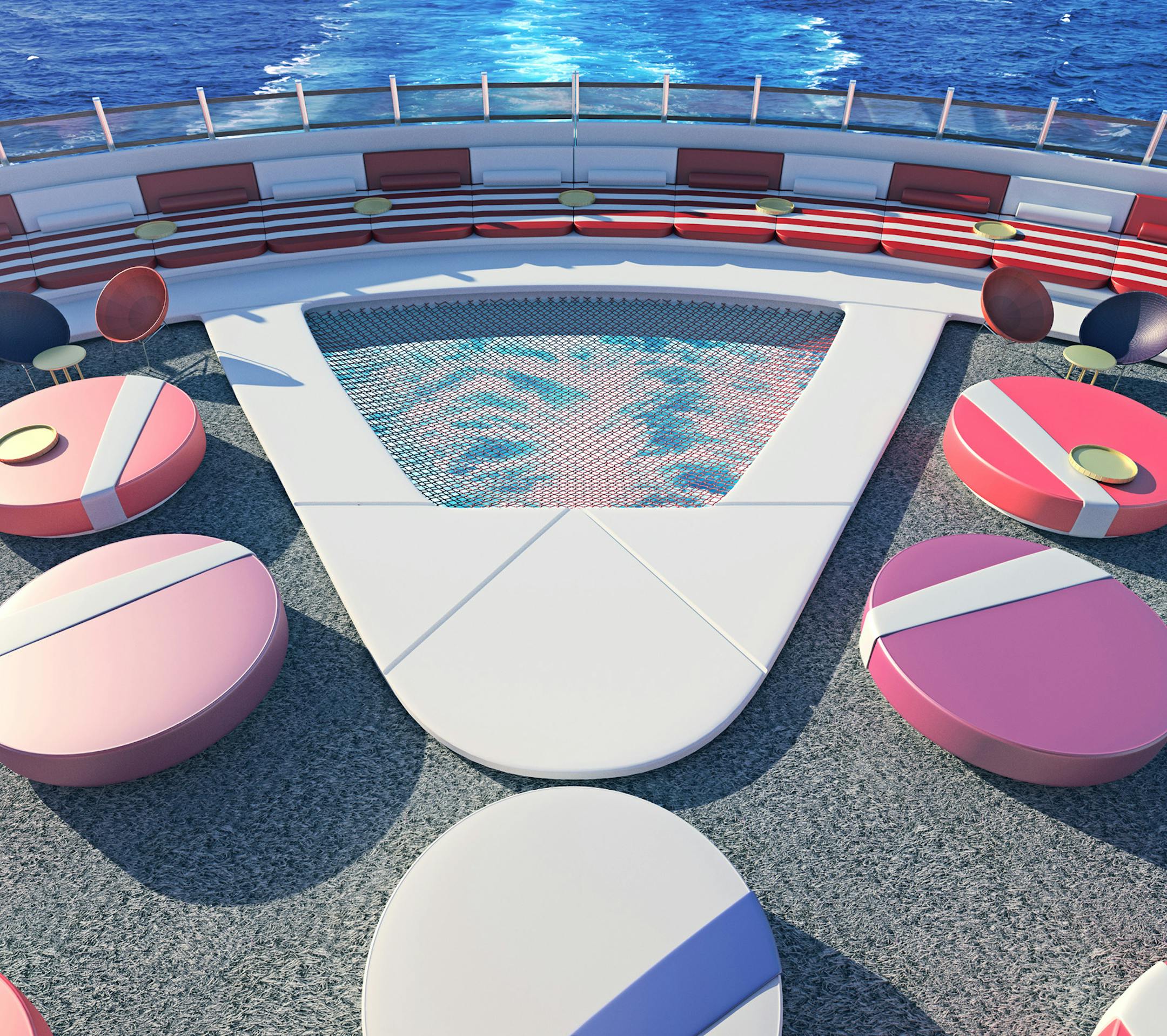 The Athletic Club, designed by Concrete Amsterdam, will have a 220-square-foot area of triple netting like on a catamaran where passengers can gaze into the ocean below. (Virgin Voyages/TNS)