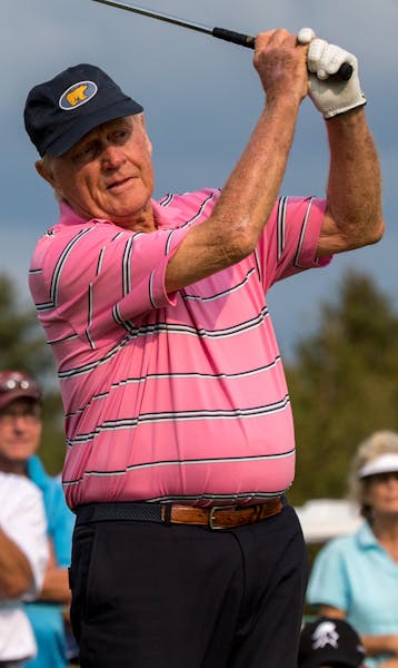 Jack Nicklaus tees off on the 17th hole during the Greats of Golf Challenge of the 3M Championship at TPC Twin Cities on Saturday. ] COURTNEY PEDROZA 