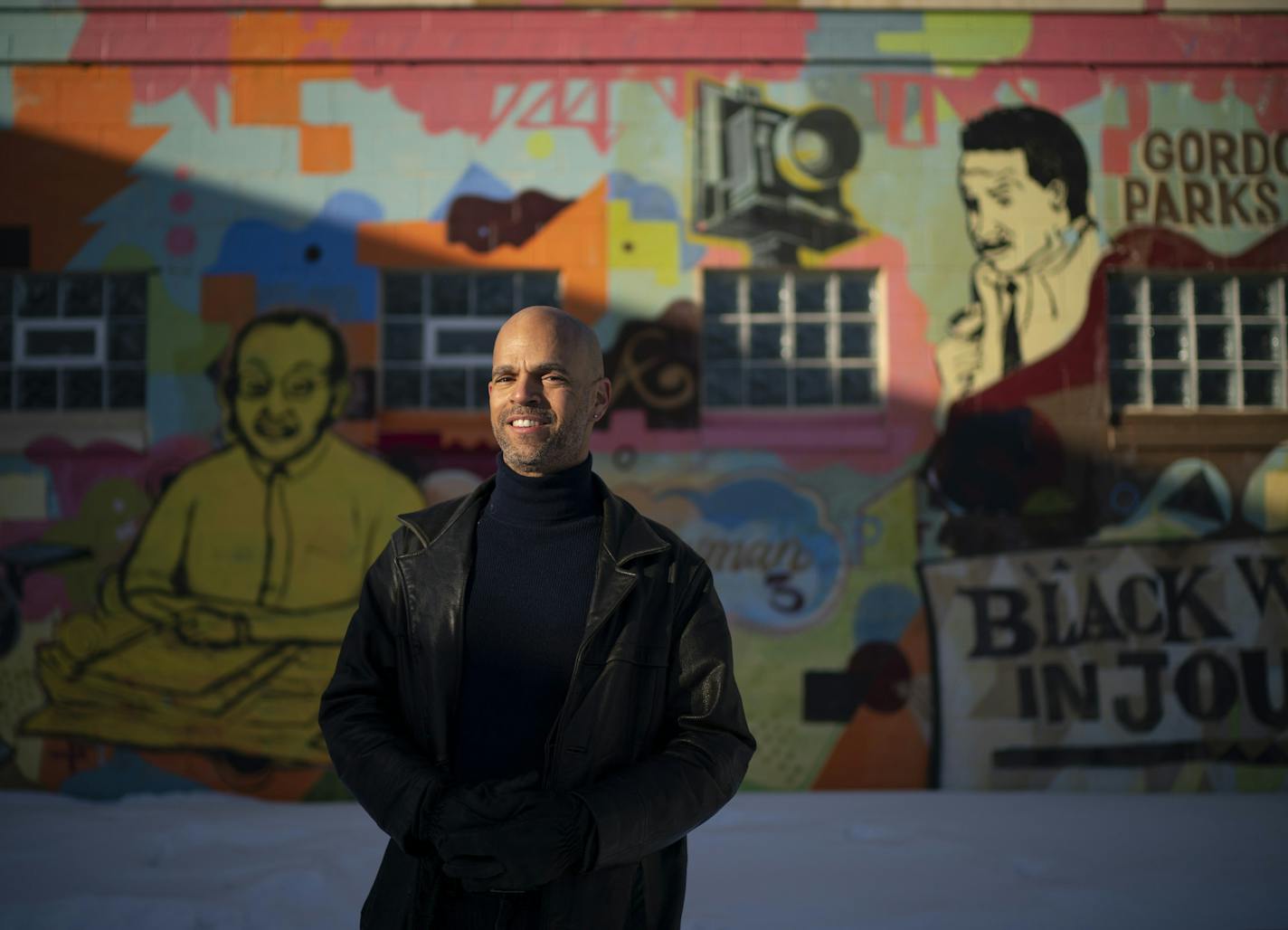 Daniel Bergin, near a mural on the side of the building that houses the Minnesota Spokesman-Recorder on 4th Ave. S. in Minneapolis. Cecil Newman, editor and publisher of the Minneapolis Spokesman (and St. Paul Recorder) is depicted at left in the mural. Celebrated photojournalist Gordon Parks, who grew up in St. Paul and lived in Minneapolis for a time, is at right. ] JEFF WHEELER &#x2022; jeff.wheeler@startribune.com Daniel Bergin, a Twin Cities documentary filmmaker who is heading up a project