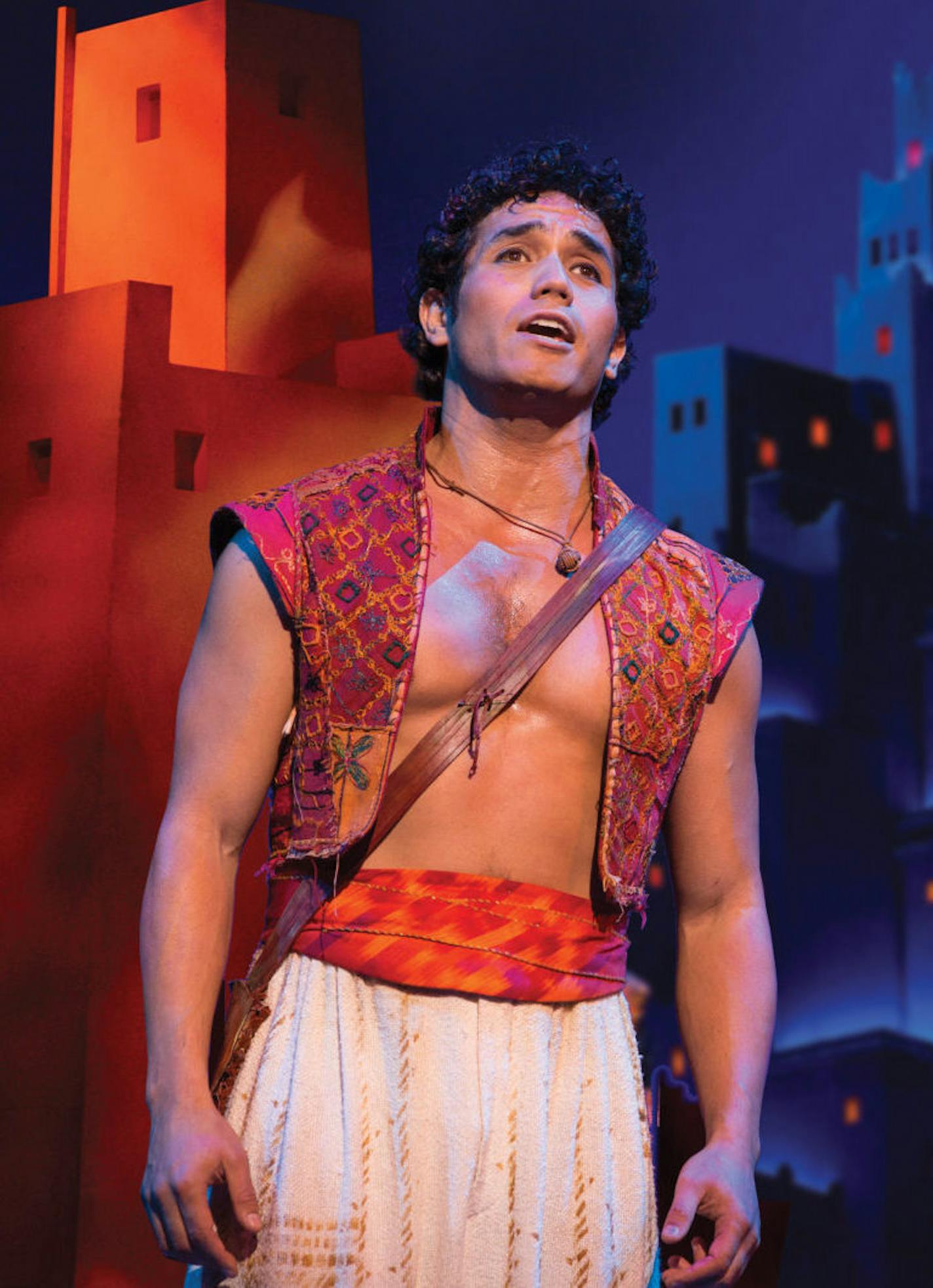 Disney Theatrical Productions under the direction of Thomas Schumacher presents Aladdin, the new musical, music by Alan Menken, lyrics by Howard Ashman and Tim Rice, book and additional lyrics by Chad Beguelin at the New Amsterdam Theater in New York, starring: Adam Jacobs (Aladdin), James Monroe Iglehart (Genie), Courtney Reed (Jasmine), Brian Gonzales (Babkak), Brandon O'Neill (Kassim), Jonathan Schwartz (Omar), Clifton Davis (Sultan), Don Darryl Rivera (Iago), Merwin Foard (standby Jafar/Sult