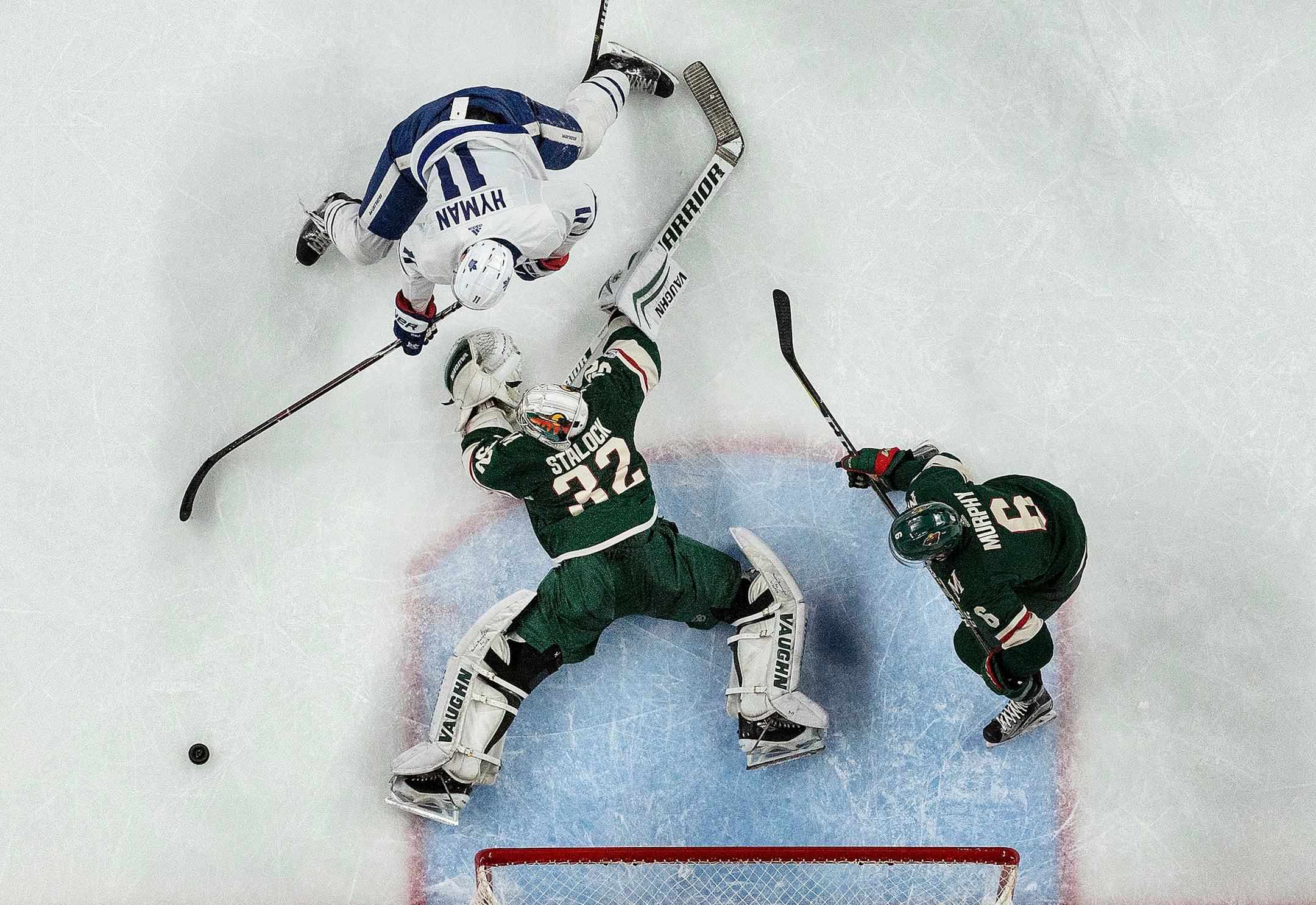 Minnesota Wild goalie Alex Stalock (32) blocked a shot by Zach Hyman (11) in the second period. ] CARLOS GONZALEZ ï cgonzalez@startribune.com - December 14, 2017, St. Paul, MN, Xcel Energy Center, NHL, Hockey, Minnesota Wild vs. Toronto Maple Leafs