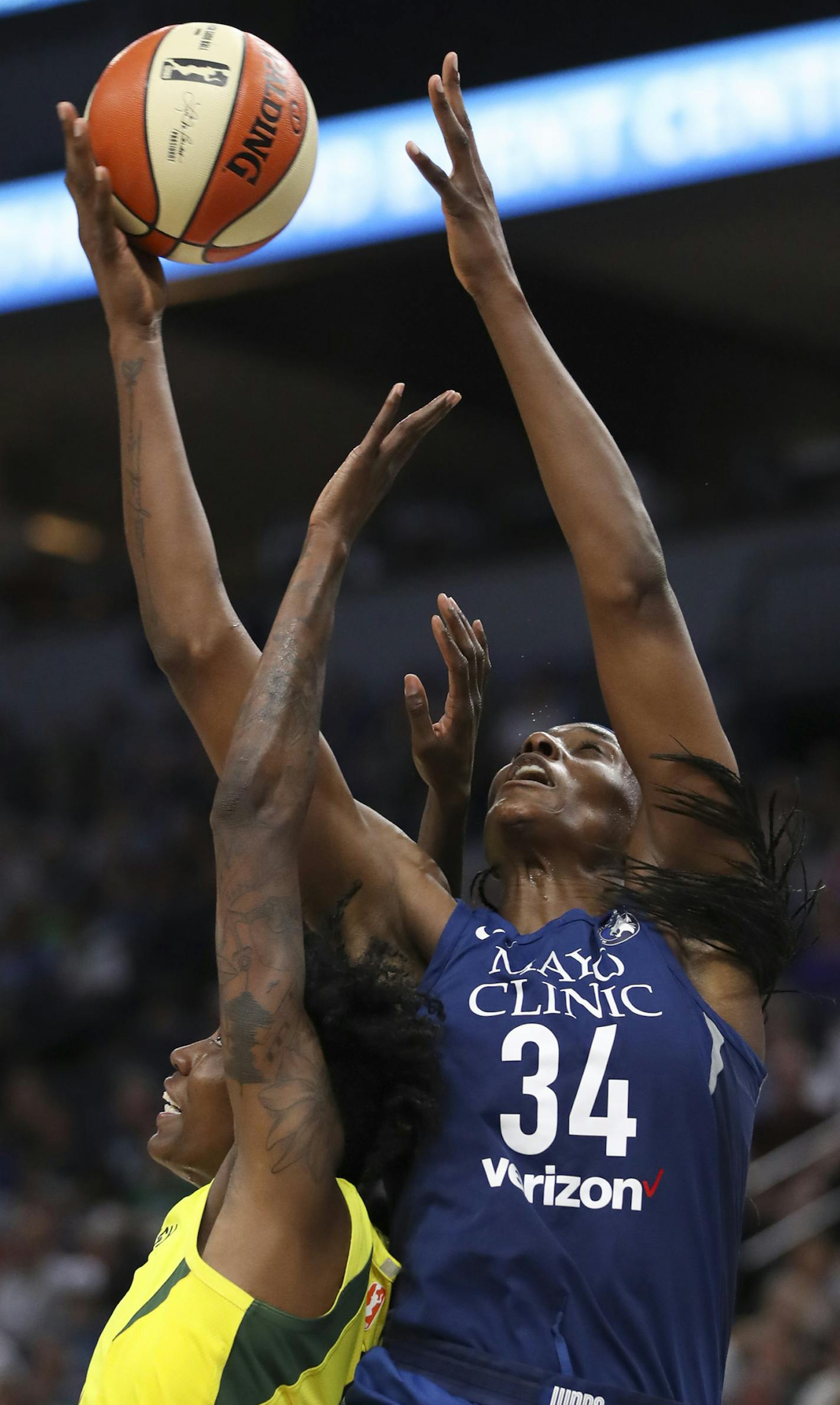 Minnesota Lynx center Sylvia Fowles (34) grabbed a pass above former teammate, Storm forward Natasha Howard in the fourth quarter. ] JEFF WHEELER &#xef; jeff.wheeler@startribune.com The Minnesota Lynx won their fifth straight game with a 91-79 win over the Seattle Storm in an WNBA basketball game Tuesday night, June 26, 2018 at Target Center in Minneapolis.