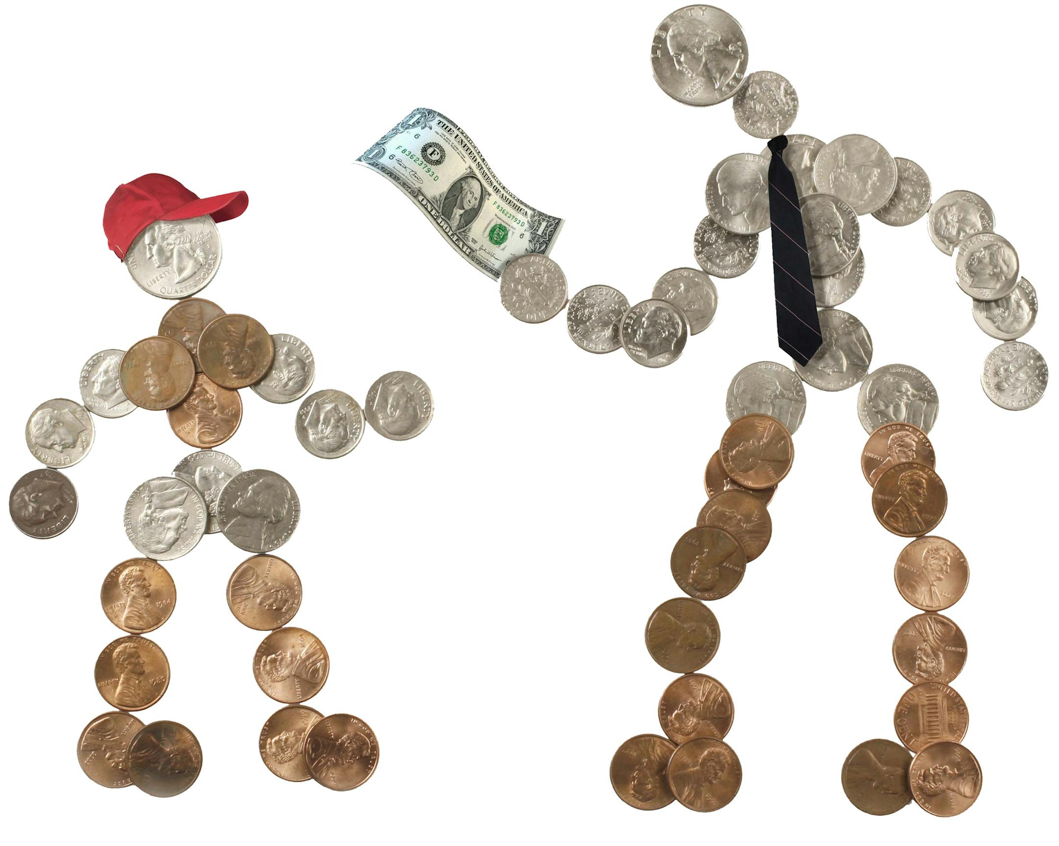 300 dpi Tim Lee color illustration of a father and son, both made out of money; the father handing his son a one dollar bill as an allowance. The News & Observer (Raleigh, N.C.) 2007<p> allowance illustration pennies penny coins change quarter nickel dime dollar parenting budget cost kids children savings, krtbusiness business, krtnational national, 04000000, 04006018, FIN, krtfinancialservice financial services, krtnamer north america, krtpersonalfinance personal finance, krtusbusiness, u.s. us