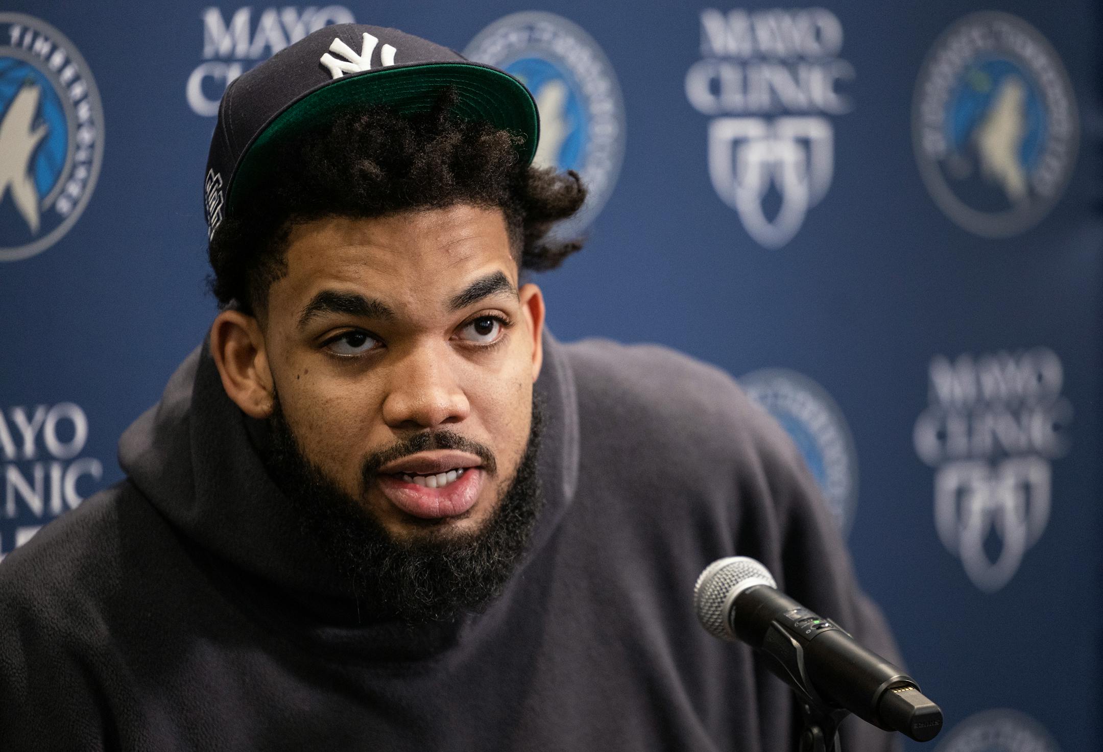 Karl Anthony-Towns of the Minnesota Timberwolves speaks during an end of season press conference.