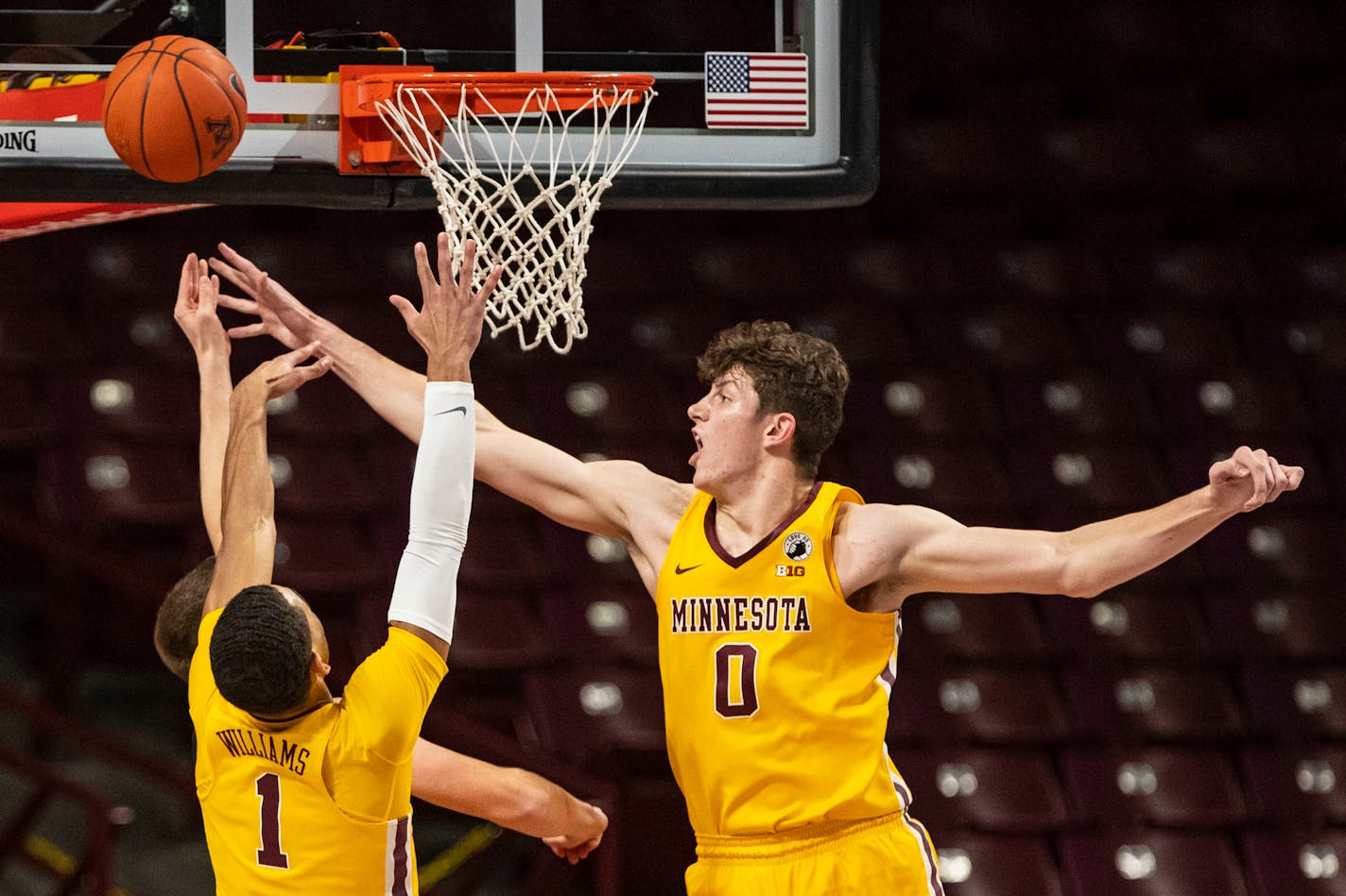 Gophers center Liam Robbins blocked a shot in the first half of Friday night's game against North Dakota.