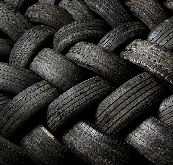 Tires sit in a pile at the Emterra Tire Recycling facility in Brampton, Ontario, Canada; ground-up rubber tires can be used to fertilize zinc-deficien