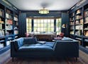 Library with glossy blue paint, blue bookcases and big blue sofa.