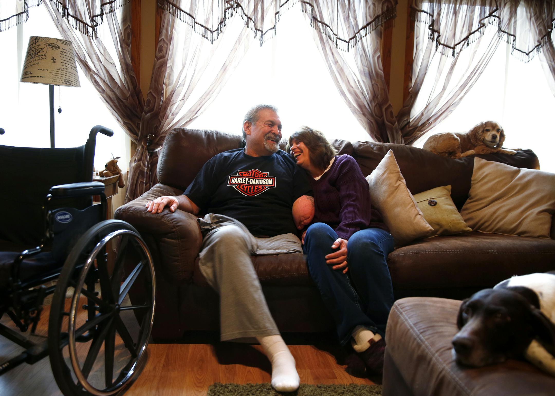 Greg Torell, with his wife Jackie in their Cambridge, Minn. home, lost his eyesight and his left arm and leg after an accident with a drunk driver in 2007. Torell is now an advocate for safe and sober driving. "Jackie's my soul mate. I'd never have made it through this without her," said Torell. ] LEILA NAVIDI leila.navidi@startribune.com /
