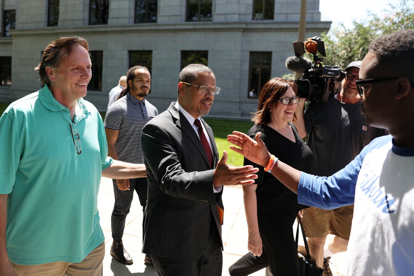 Democratic U.S. Rep. Keith Ellison greeted people on Tuesday morning after filing to run for Minnesota attorney general's office.