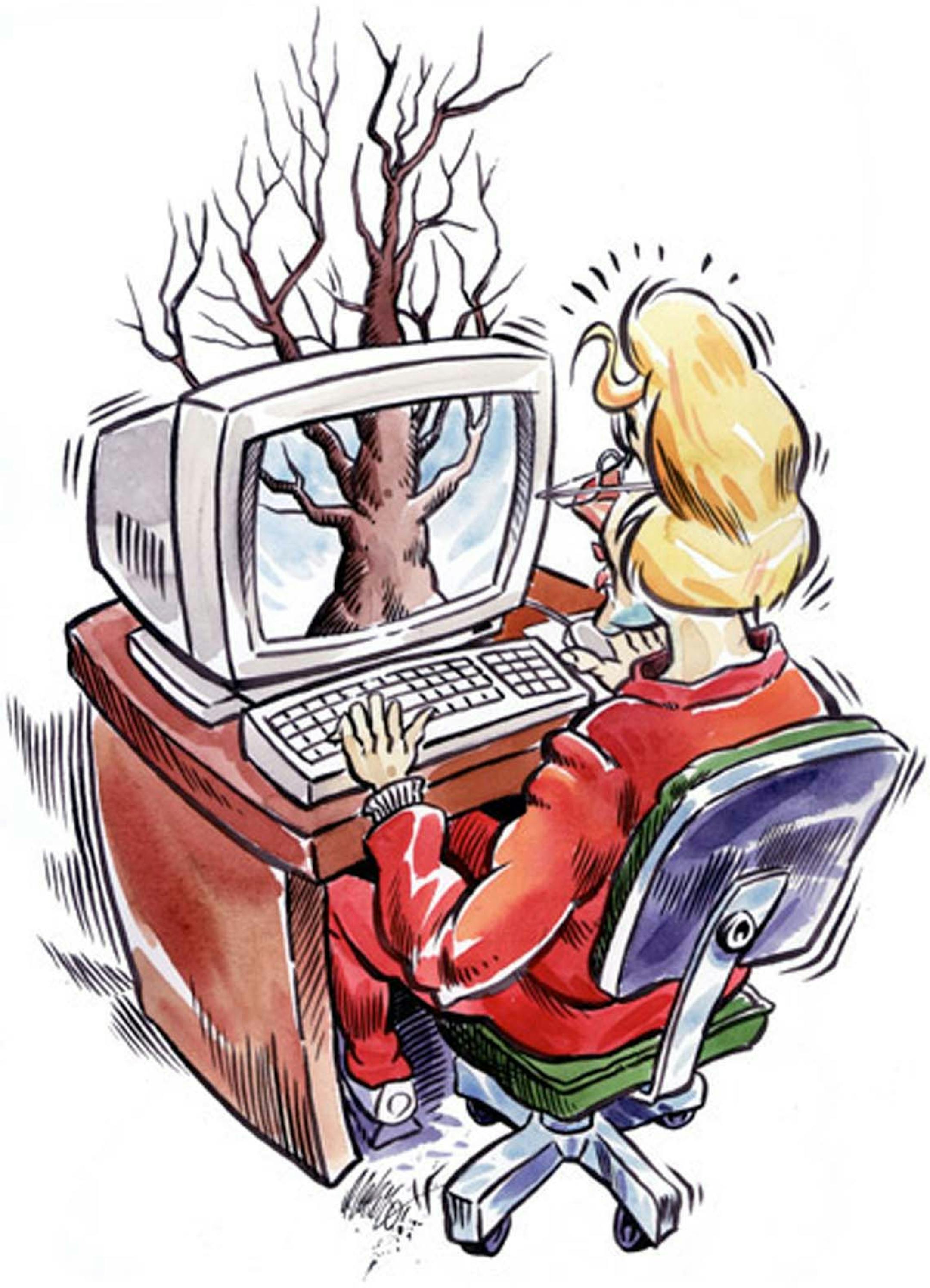 300 dpi 2 col x 5.25 in / 96x133 mm / 327x454 pixels Don Coker color illustration of a tree growing from within a computer of a suprised genealogical researcher. Columbus Ledger-Enquirer 2002 <p>KEYWORDS: family tree genealogy genealogical research computer illustration familia arbol genealogico genealogia investigar investigacion computadora ordenador ilustracion grabado contributed co coker 2002 ancestry history relative