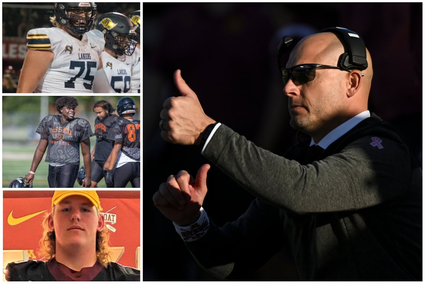 Coach P.J. Fleck's Gophers recruiting class includes (top to bottom) Greg Johnson of Prior Lake, Jerome Williams of Osseo and Reese Tripp of Kasson-Mantorville.