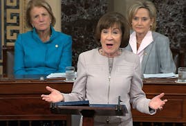 In this image from video provided by Senate TV, Sen. Susan Collins, R-Maine., speaks on the Senate floor about her vote on Supreme Court nominee Judge