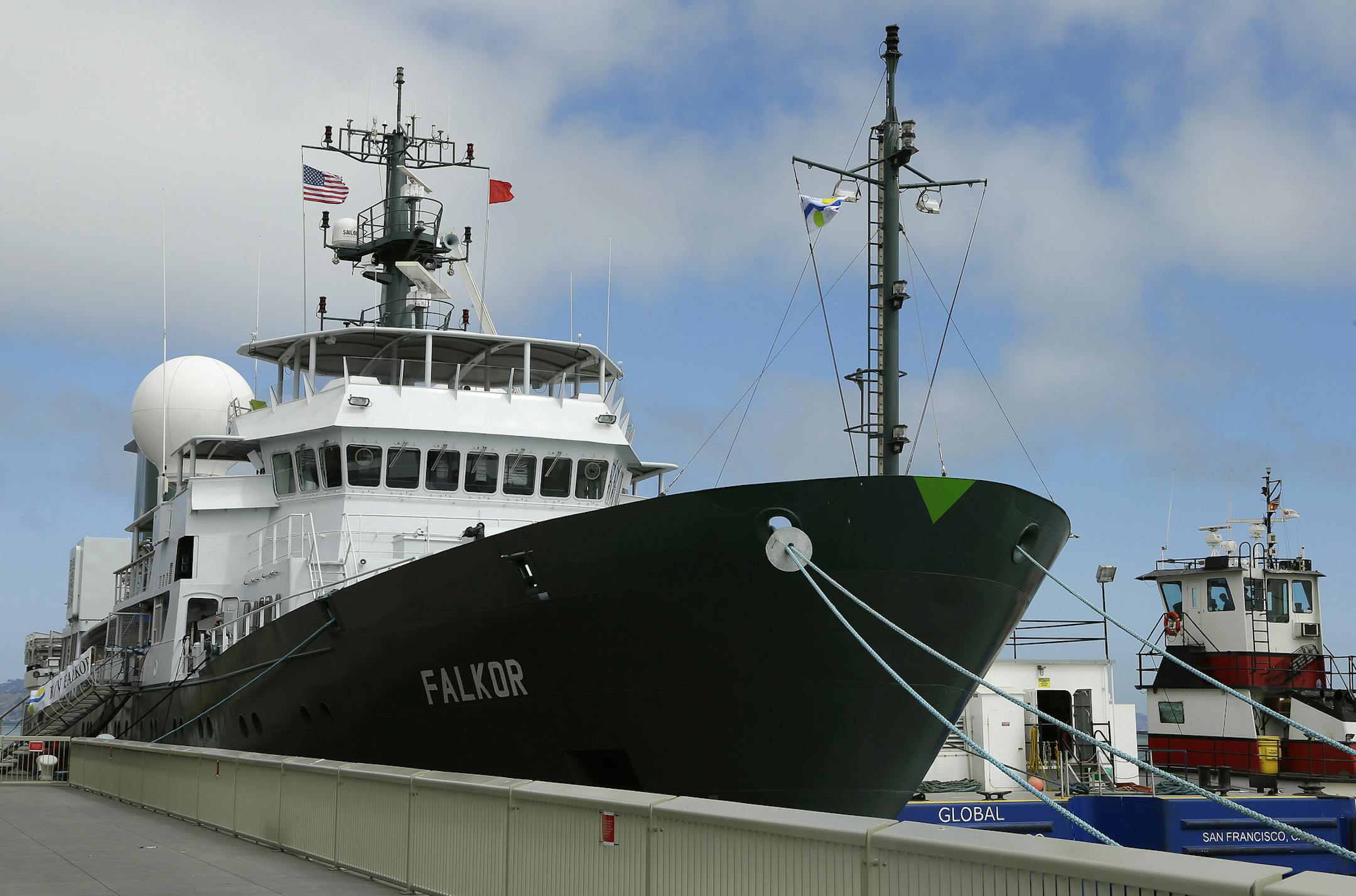 The research ship "Falcor" is seen at dock Thursday, Aug. 1, 2013, in San Francisco. The $60 million ship funded by a Google executive is setting sail from San Francisco to study a so-called "dead zone" in the Pacific Ocean and other mysteries of the sea. The ship carries an unmanned submarine that will travel deep into the ocean off Vancouver Island to study an area where all sea life dies each year from a periodic lack of oxygen. The Falcor is funded by the Schmidt Ocean Science Institute, whi
