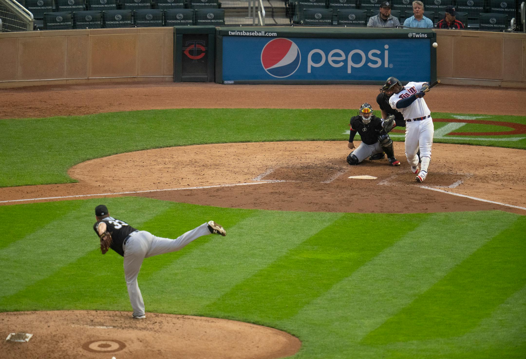 Minnesota Twins first baseman Miguel Sano hit a solo homer off Chicago White Sox starting pitcher Lance Lynn (33) in the fourth inning.
