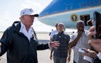 FILE-- President Donald Trump talks to reporters as he arrives in Ft. Myers, Fla., Sept. 14, 2017. Trump on Friday used an unfolding terrorist attack 