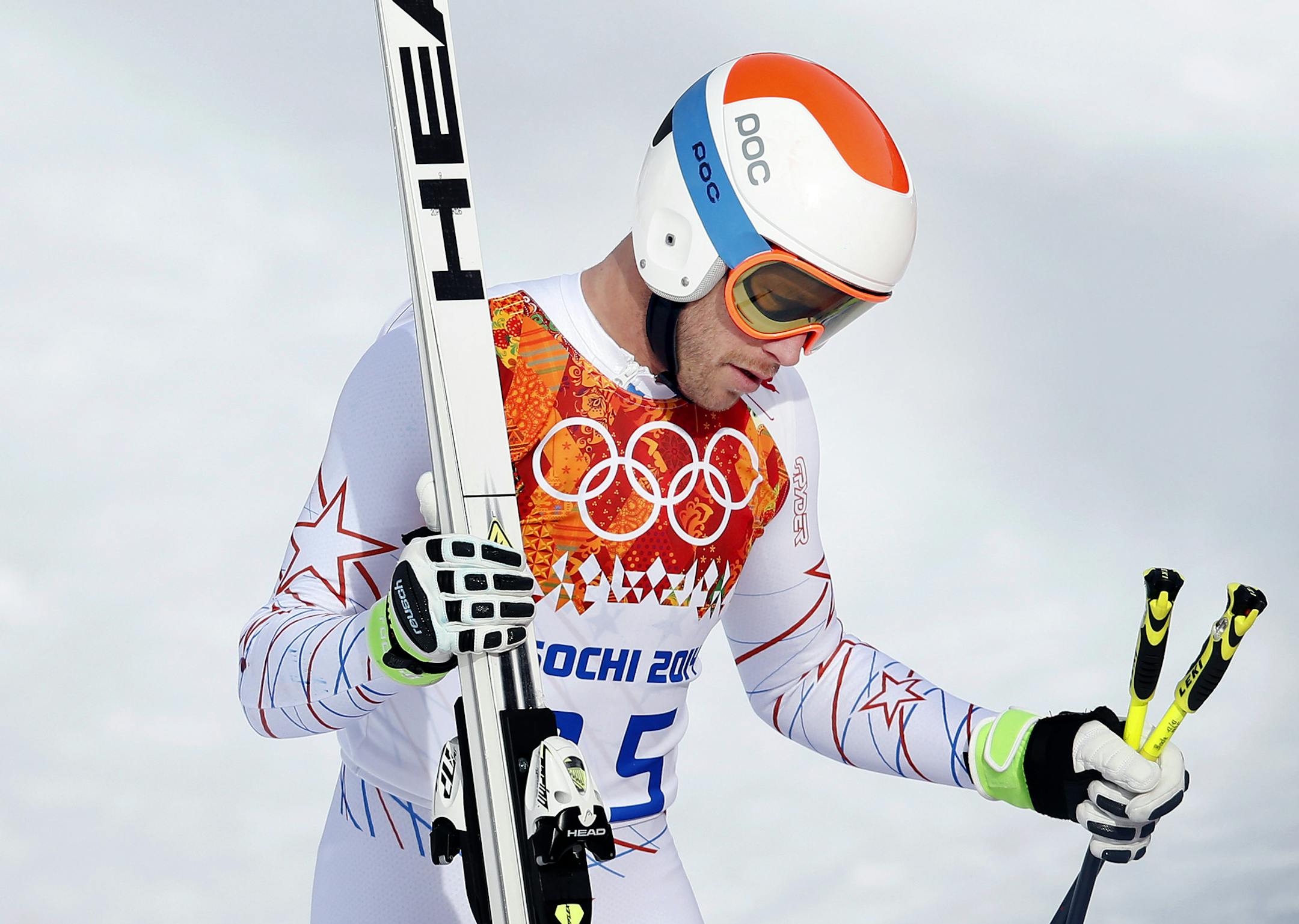 Bode Miller made his way off the course after his downhill run. Bode Miller (Easton, N.H.) gave the United States finished eighth in the men's downhill at the Rosa Khutor Alpine Center in Sochi's Mountain Cluster Sunday afternoon. ] CARLOS GONZALEZ cgonzalez@startribune.com - February 9, 2013, Krasnaya Polyana, Russia, Sochi 2014 Winter Olympics, Rosa Khutor Downhill course, Men's Downhill