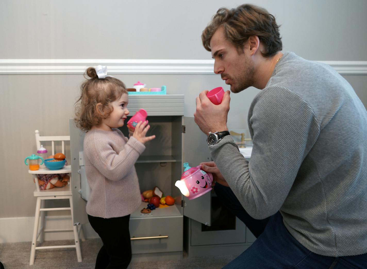 Minnesota Wild winger Marcus Foligno, 28, has played in the NHL for nine seasons. Here, Marcus shares a cup of tea, and blows it cool with his 20 month old daughter Olivia. ]
brian.peterson@startribune.com
Edina, MN
Friday, January 17, 2020