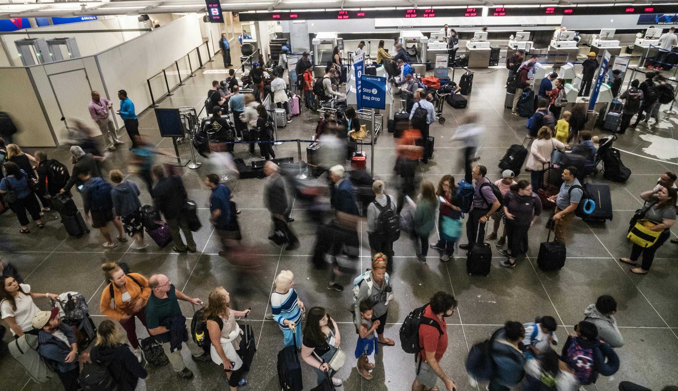 Lines were long right early Monday morning regardless of whether people were headed to the North or South checkpoint.] Everybody without PreCheck goes through one checkpoint at MSP Airport's main terminal starting Monday. That'll make for a crowd at the North checkpoint in the morning, which is a particularly busy time at the airport. The crunch comes because the south checkpoint will be under construction and limited to people with Precheck status. RICHARD TSONG-TAATARII ¥ richard.tsong-ta