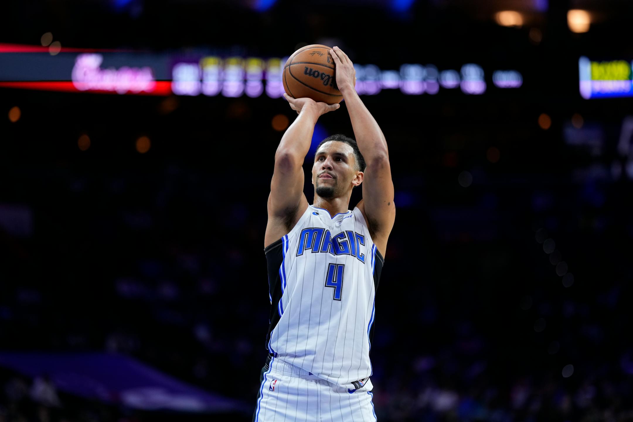 Orlando Magic's Jalen Suggs plays during an NBA basketball game, Monday, Jan. 30, 2023, in Philadelphia. (AP Photo/Matt Slocum)