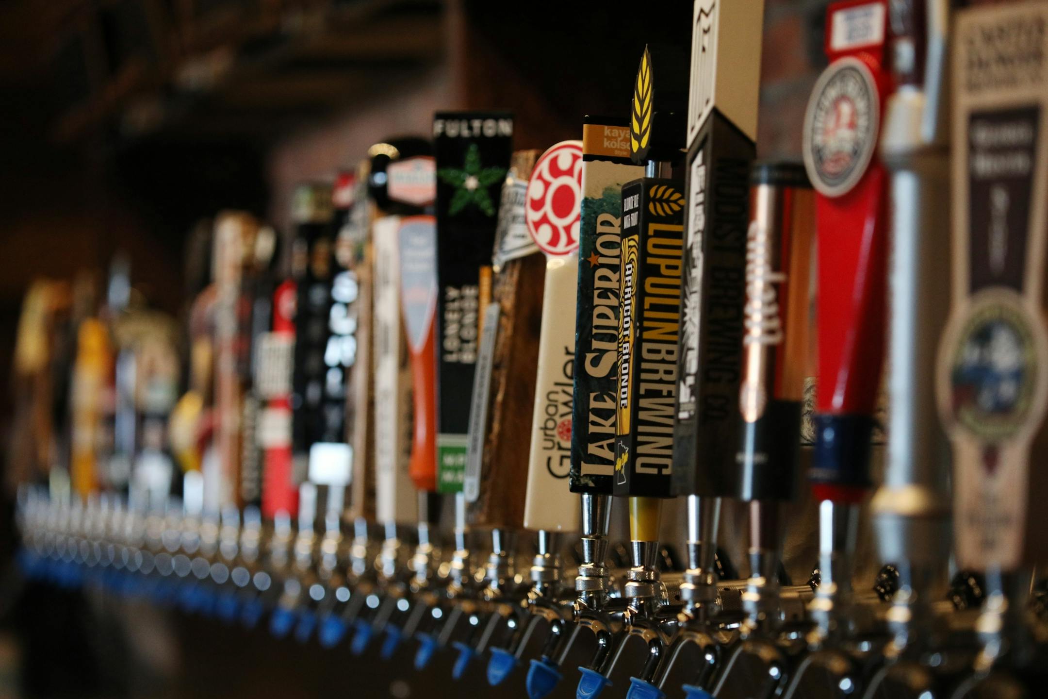 The extensive tap selection at the Vetted Well, a full bar and restaurant, that occupies part of the lobby at Alamo Drafthouse Cinema.