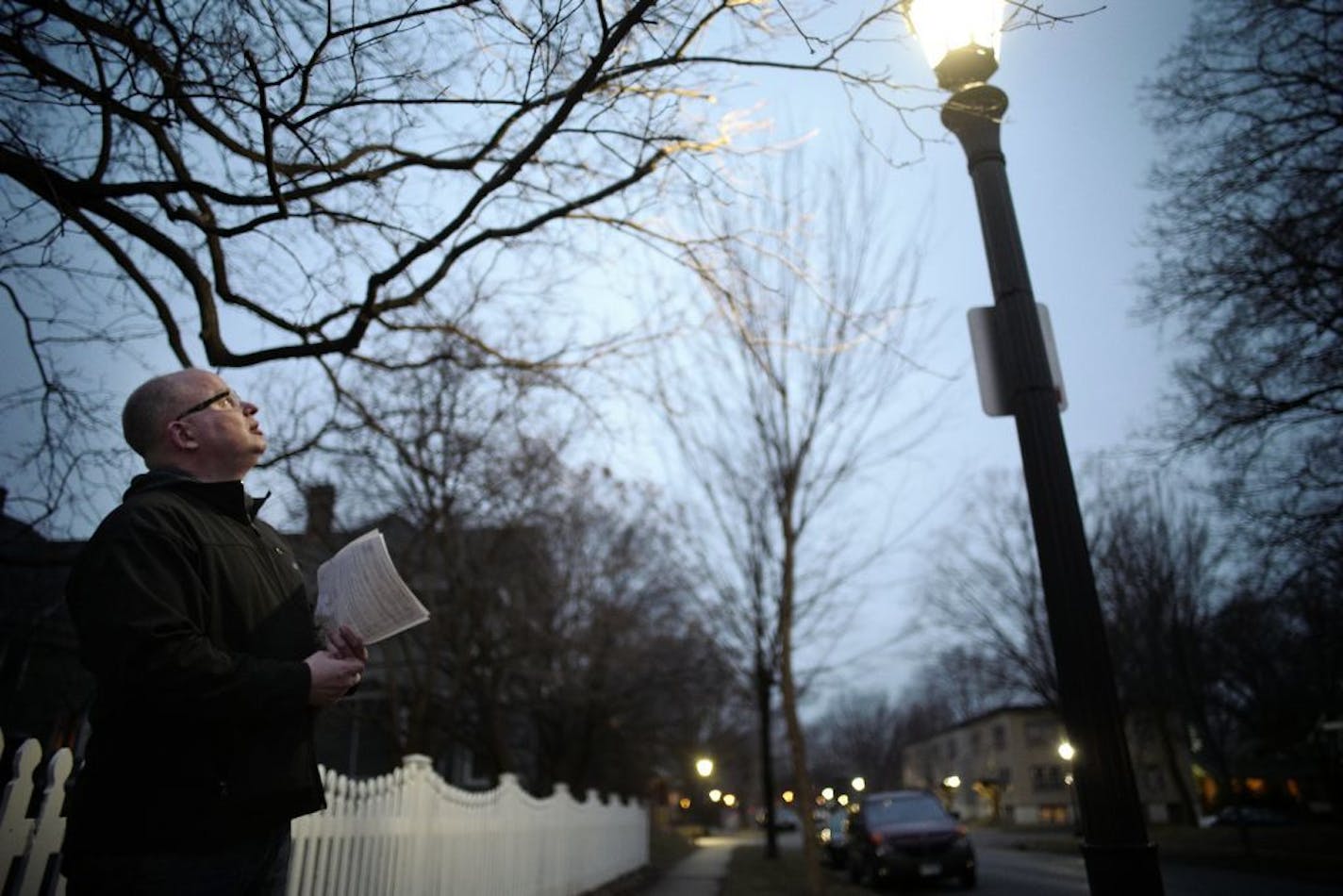 Gary Hornseth does not like these cooler LED lights on Griggs St. which he says are too daylight balanced for a night time feel. They also cast too much light into homes, he says.