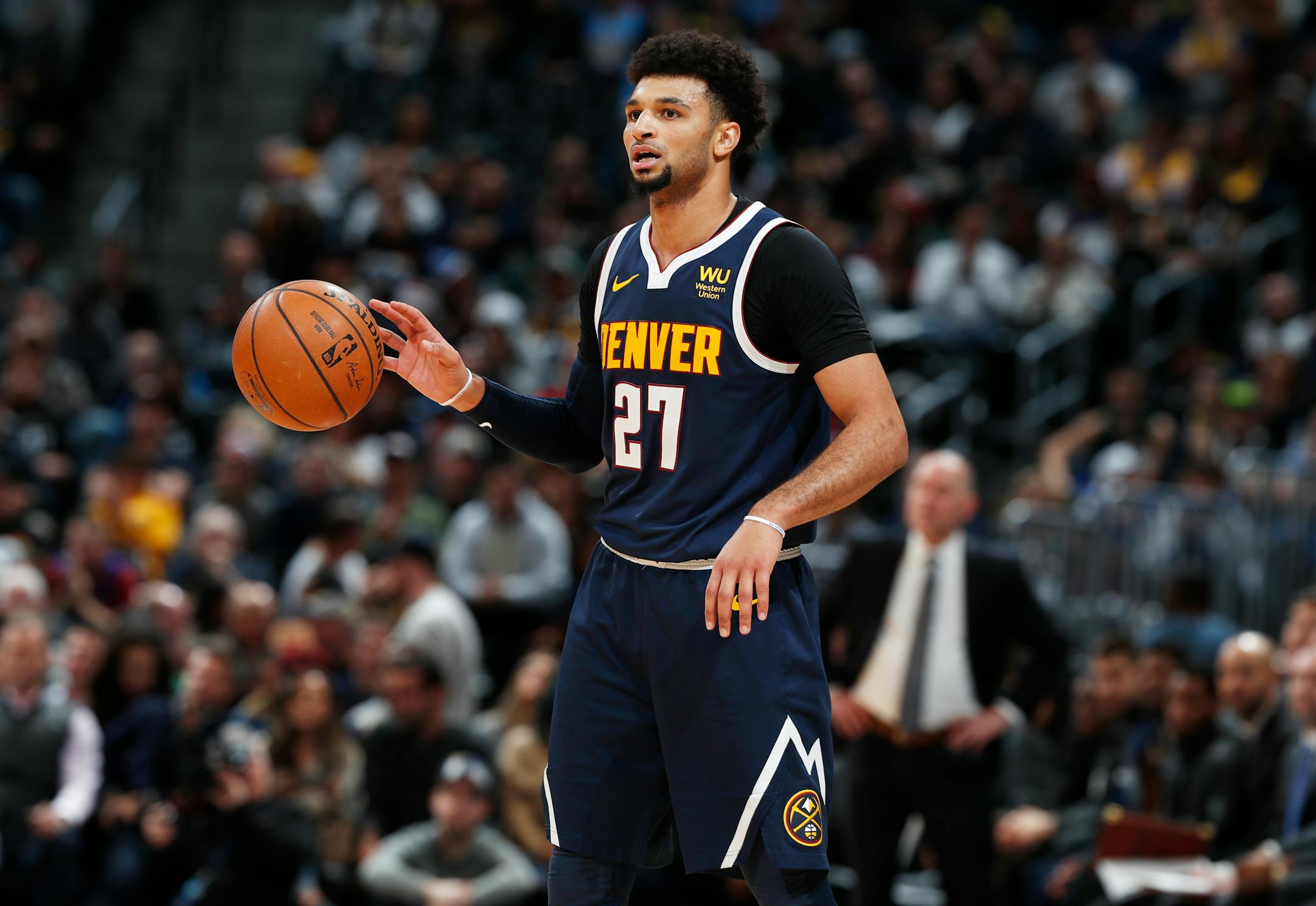 Denver Nuggets guard Jamal Murray (27) in the second half of an NBA basketball game Wednesday, Dec. 18, 2019, in Denver. The Nuggets won 113-104. (AP Photo/David Zalubowski)