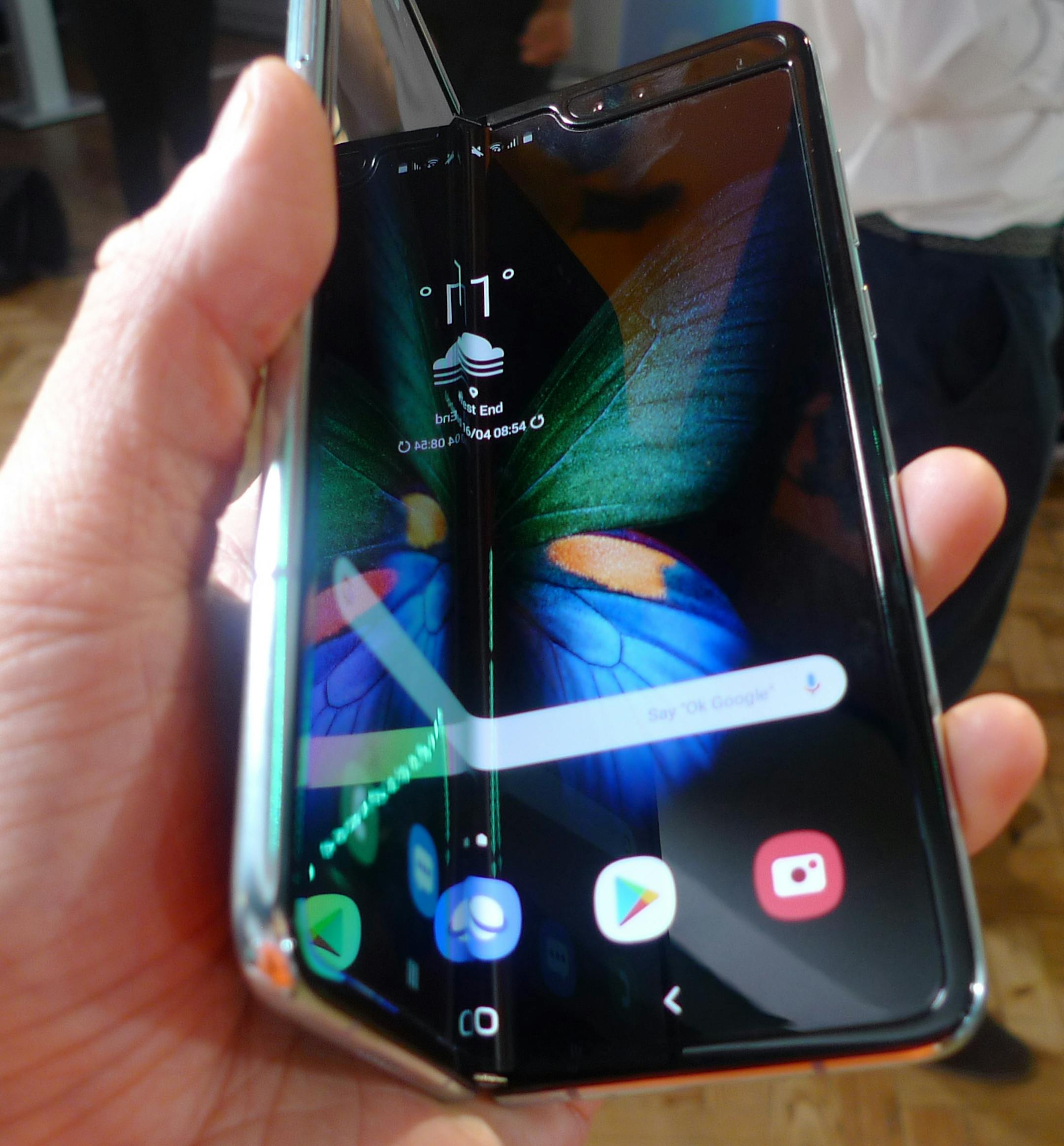 The Samsung Galaxy Fold smartphone is seen during a media preview event in London, Tuesday April 16, 2019. Samsung is hoping the innovation of smartphones with folding screens reinvigorates the market. (AP Photo/Kelvin Chan) ORG XMIT: WRC117