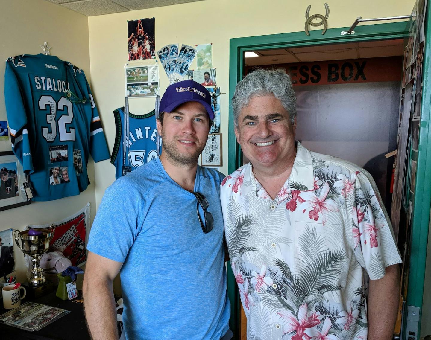 Wild goalie Alex Stalock, left, and Canterbury Park announcer Paul Allen have developed a friendship over the years and have invested on a handful of horses. On Saturday, a quarter horse filly named One Famous Ocean, in which Stalock and Allen have a combined 25% ownership stake, finished fourth in the $57,000 Gopher State Derby at Canterbury Park.