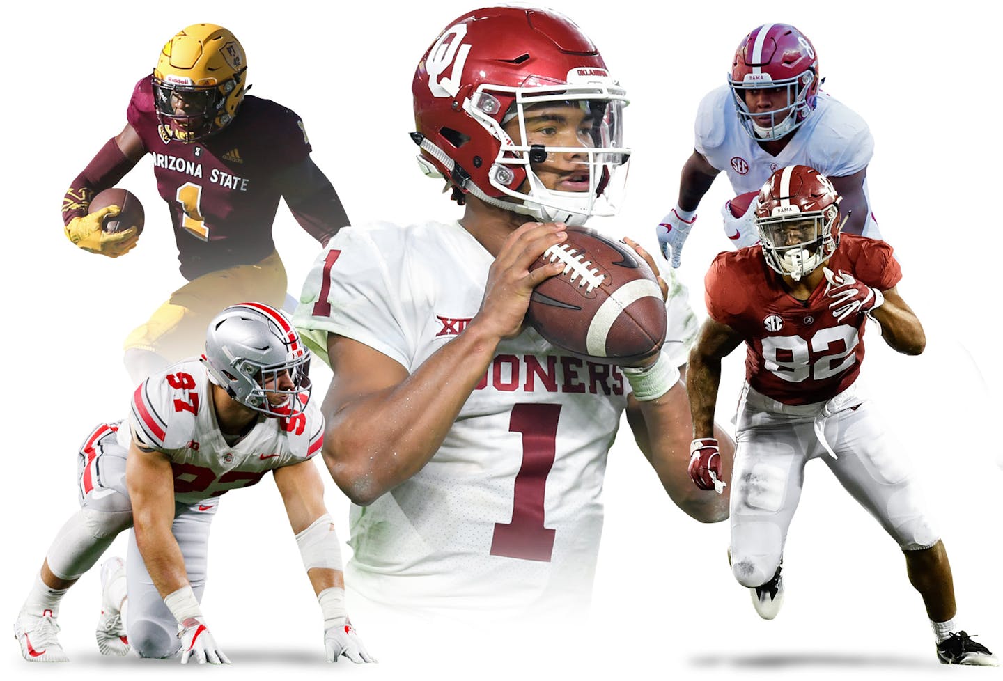 Clockwise from upper left: N'Keal Harry, Arizona State; Kyler Murray, Oklahoma; Josh Jacobs, Alabama; Quinnen Williams, Alabama; Nick Bosa, Ohio State