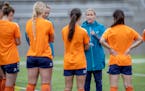 Minnesota Aurora coach Nicole Lukic talks to players during practice at TCO Stadium last May. The team announced Wednesday that Lukic will leave befor