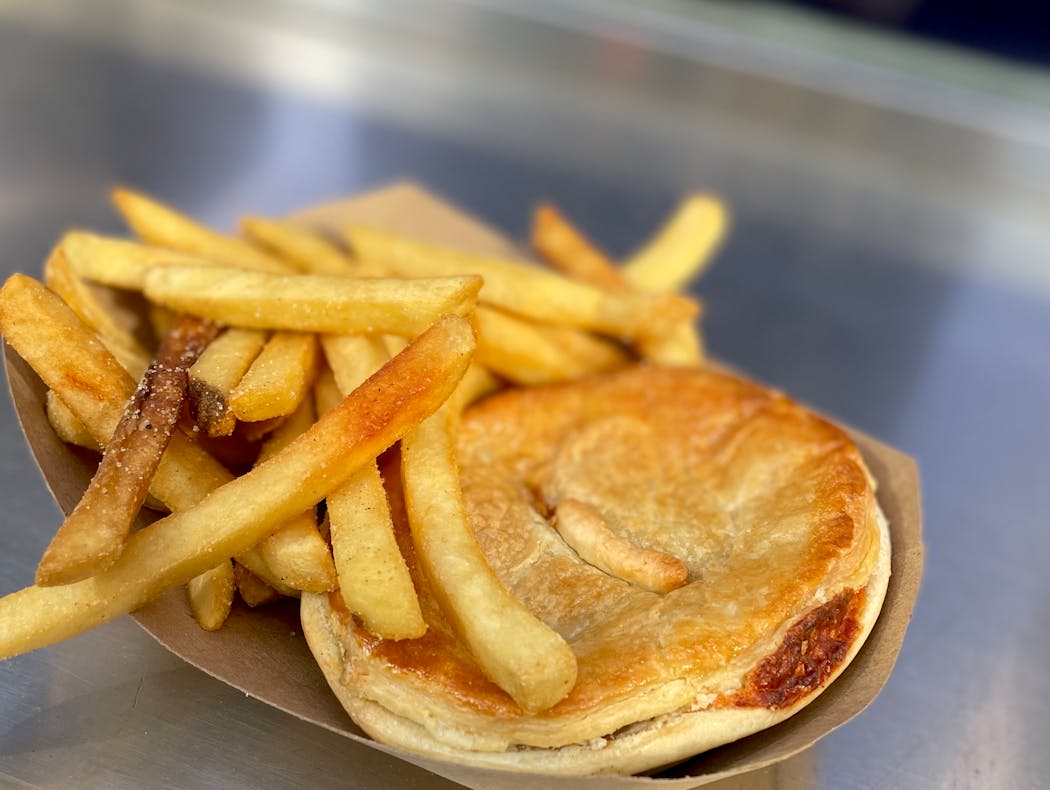 Chunks of steak and a thick gravy are nestled into this pie from Jamo’s food truck.