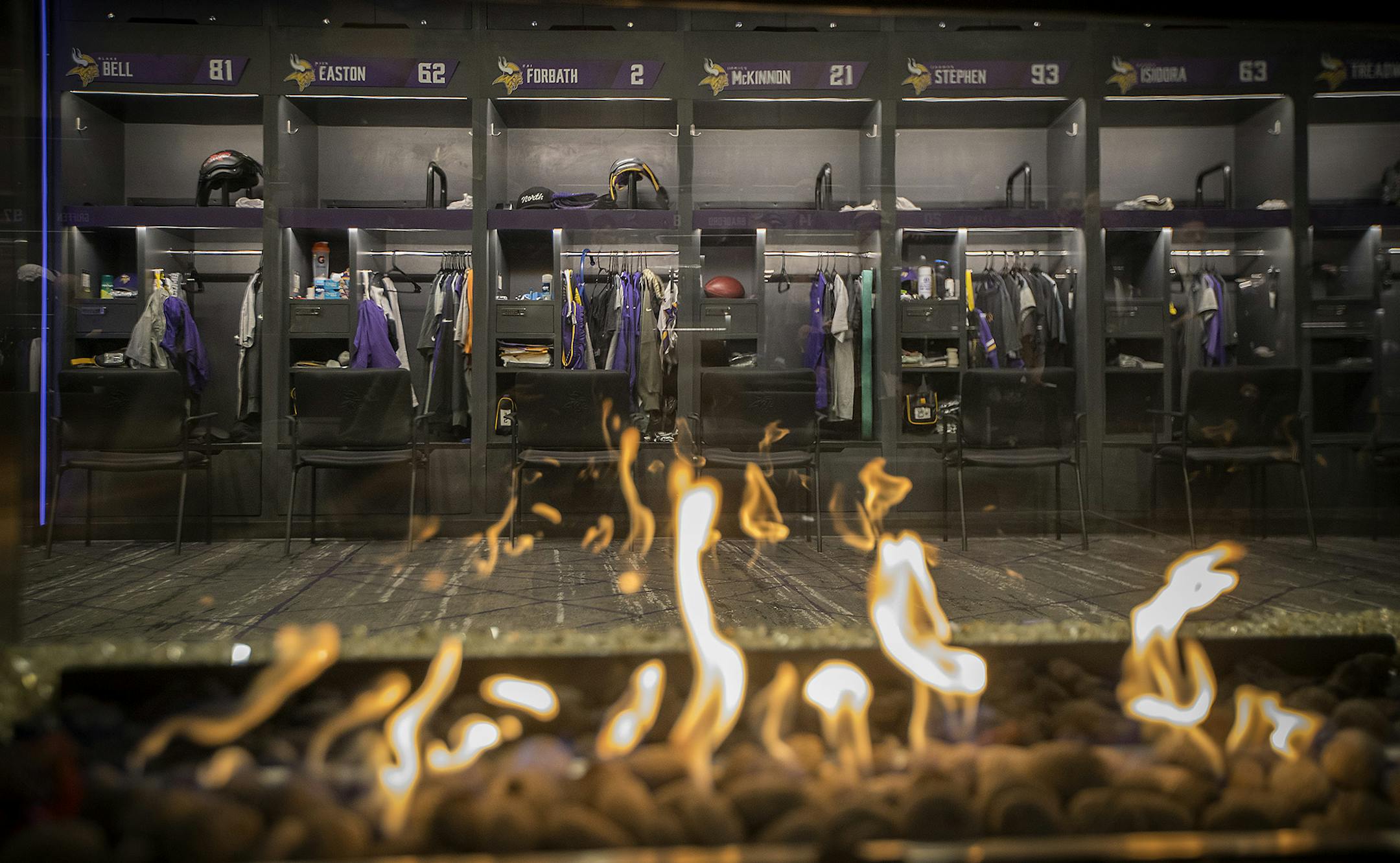 The Vikings locker room includes 90 permanent lockers, fireplaces, a lounge area, and the ceiling represents the hull of a Vikings ship. Members of the media were given a tour of TCO Performance Center, Friday, March 9, 2018 in Eagan, MN. ] ELIZABETH FLORES ï liz.flores@startribune.com