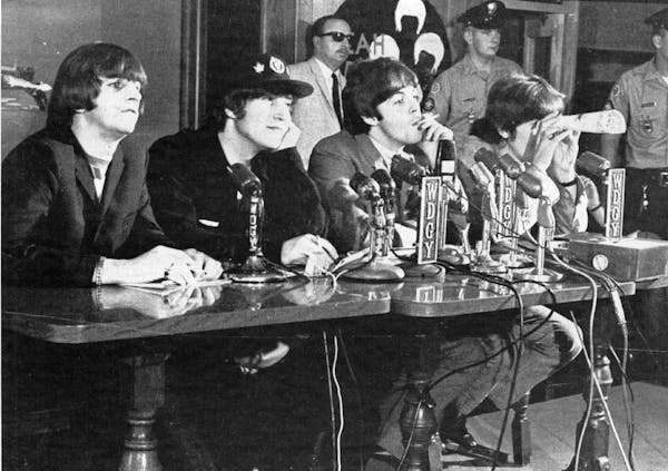 The Beatles held a news conference at Metropolitan Stadium in Bloomington before their show on Aug. 21, 1965.