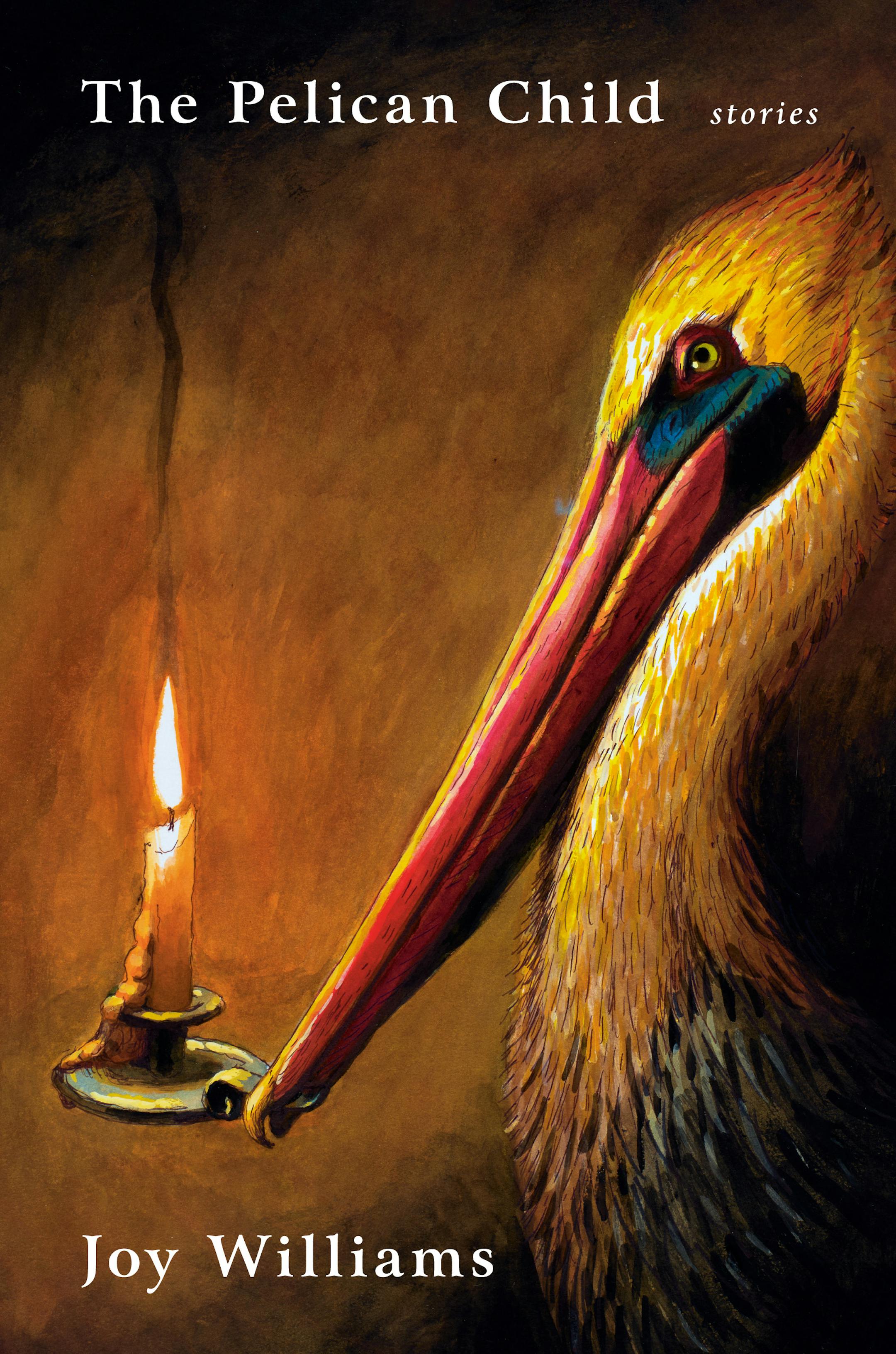 cover of The Pelican Child is a painting of a pelican, holding a lit candle