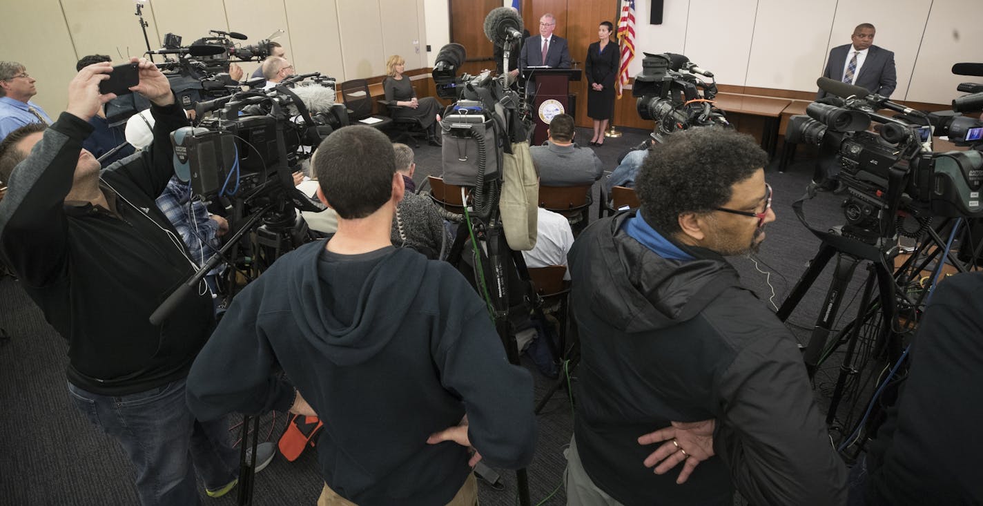 Hennepin County Attorney Mike Freeman described the charges against Minneapolis Police officer Mohamed Noor in the shooting death of Justin Ruszczyk Damond during a press conference at the Hennepin County Government Center Tuesday March 20, 2018 in Minneapolis, MN.