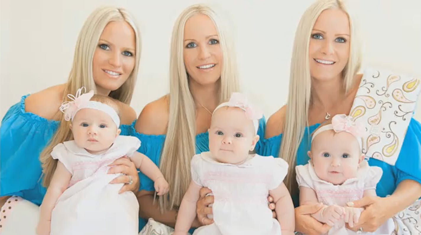 A YouTube video promoting the Dahm triplets' workout video includes this image of them with their babies.