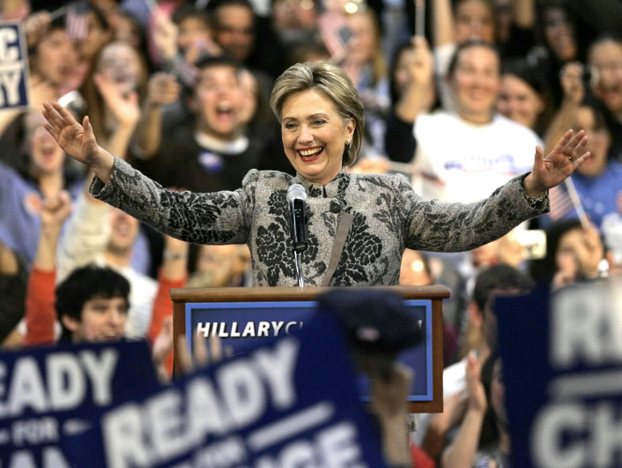 Democratic presidential hopeful Sen. Hillary Rodham Clinton, D-N.Y., reacts at her Democratic primary election night victory rally in Manchester, N.H., Tuesday.
