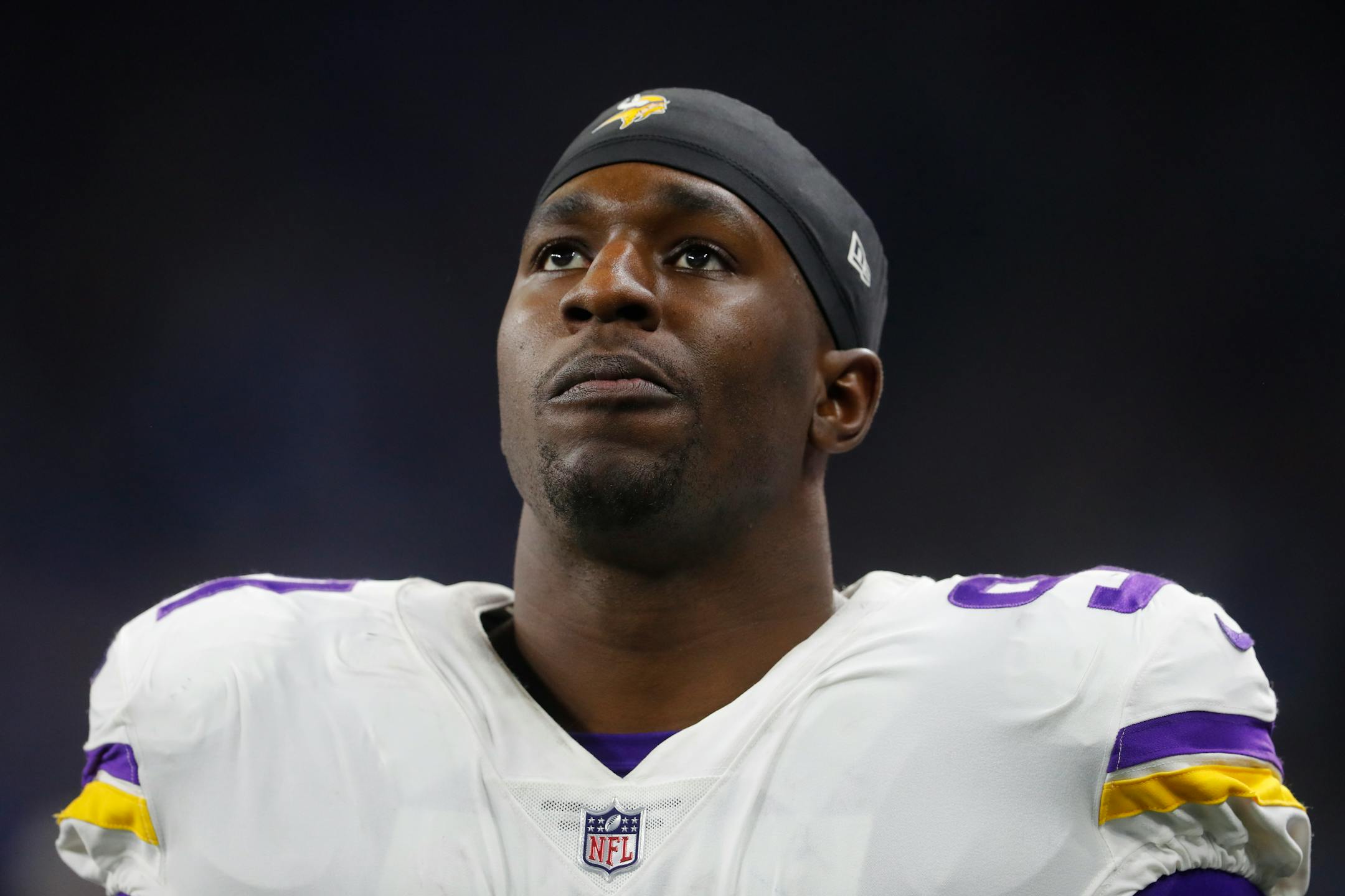 Minnesota Vikings defensive end Stephen Weatherly (91) watches against the Detroit Lions during an NFL football game in Detroit, Thursday, Nov. 23, 2017. (AP Photo/Paul Sancya) ORG XMIT: MIPS10